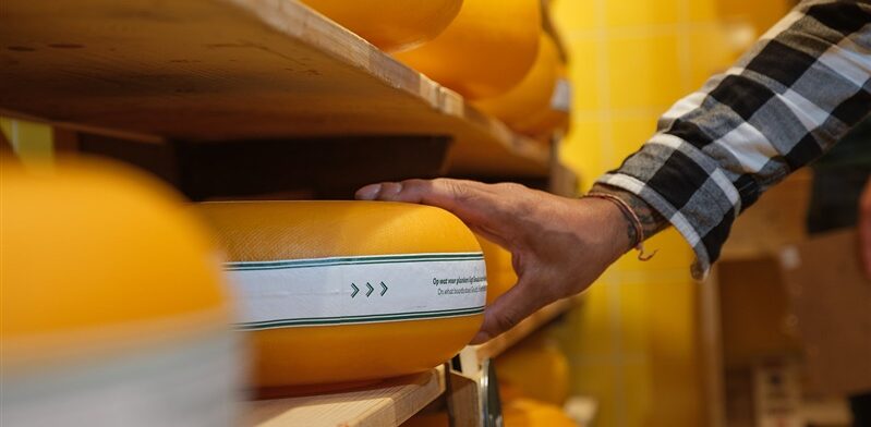 Bezoeker kiest een ronde Goudse kaas uit het rek bij de Gouda Cheese Experience.